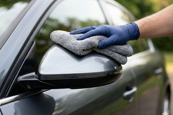 a mechanic's hand running a thick, plush detailing cloth over the perfectly polished, reflective curved side mirror of a modern car.
