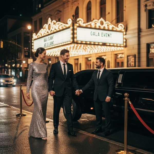 Elegant couple being greeted by chauffeur as they approach a luxury limousine Elegant couple being greeted by chauffeur as they approach a luxury limousine