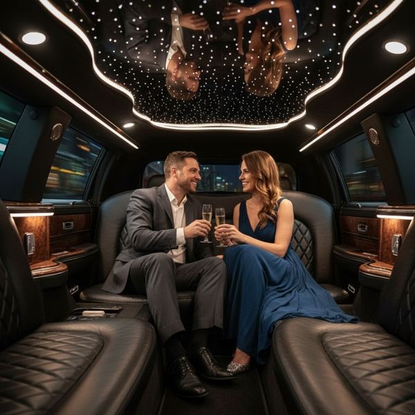 A well-dressed couple smiles and clinks champagne glasses in the luxurious, star-lit interior of a limousine A well-dressed couple smiles and clinks champagne glasses in the luxurious, star-lit interior of a limousine