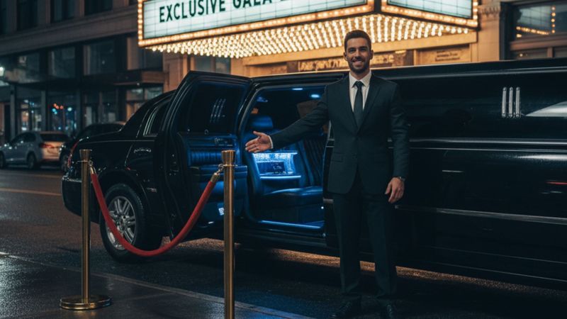 A smiling chauffeur in a suit stands beside an open limousine door, gesturing invitingly towards the luxurious interior at a nighttime gala. A smiling chauffeur in a suit stands beside an open limousine door, gesturing invitingly towards the luxurious interior at a nighttime gala.