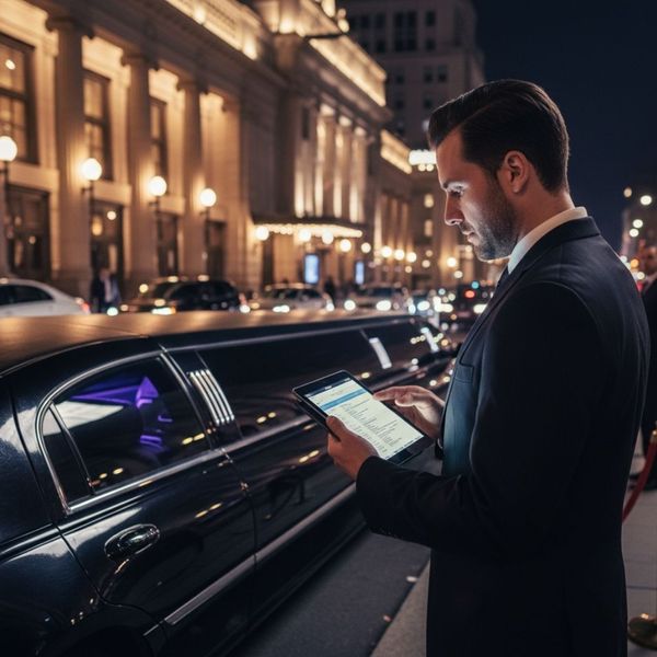 A professional chauffeur in a suit checks an itinerary on a tablet beside a parked limousine at night. A professional chauffeur in a suit checks an itinerary on a tablet beside a parked limousine at night.