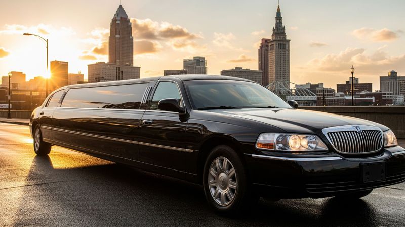 Limo parked with Cleveland skyline in background