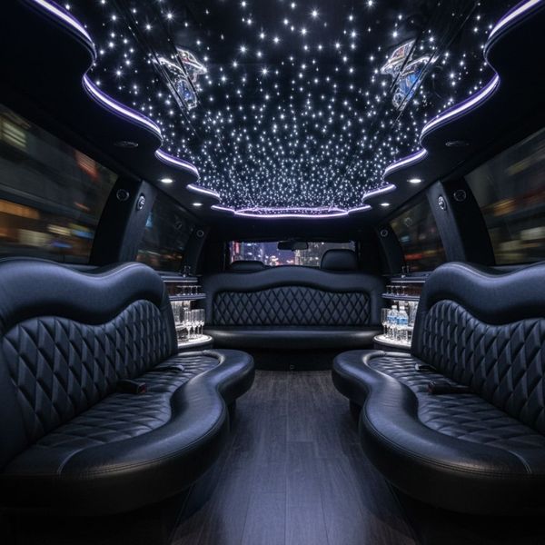 The spacious interior of a luxury limousine features plush black leather seating and a starry ceiling The spacious interior of a luxury limousine features plush black leather seating and a starry ceiling