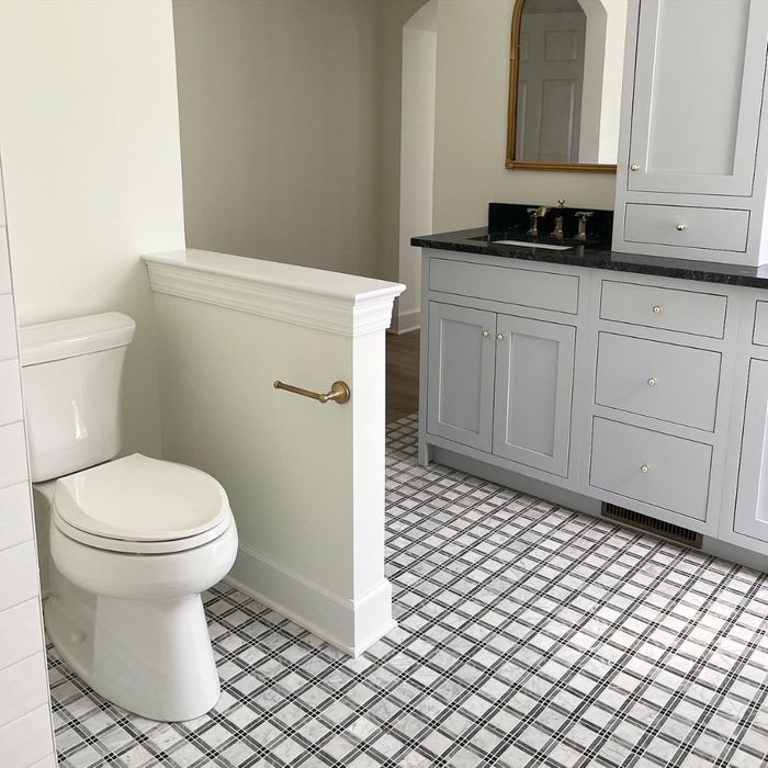 a geometric tile in a modern bathroom
