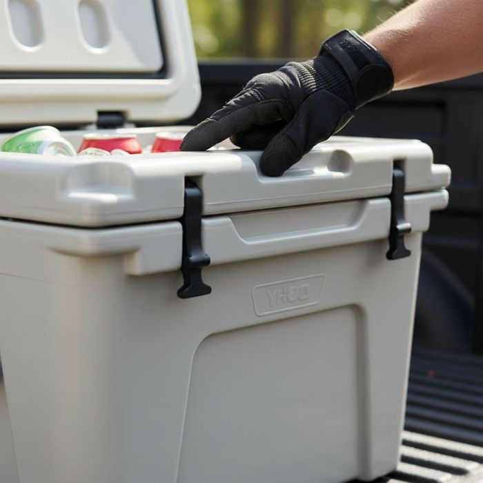 A hand in a work glove opening a truck bed cooler filled with beverages.