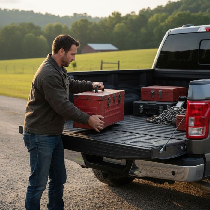Man loading heavy toolboxes into a protected truck bed.