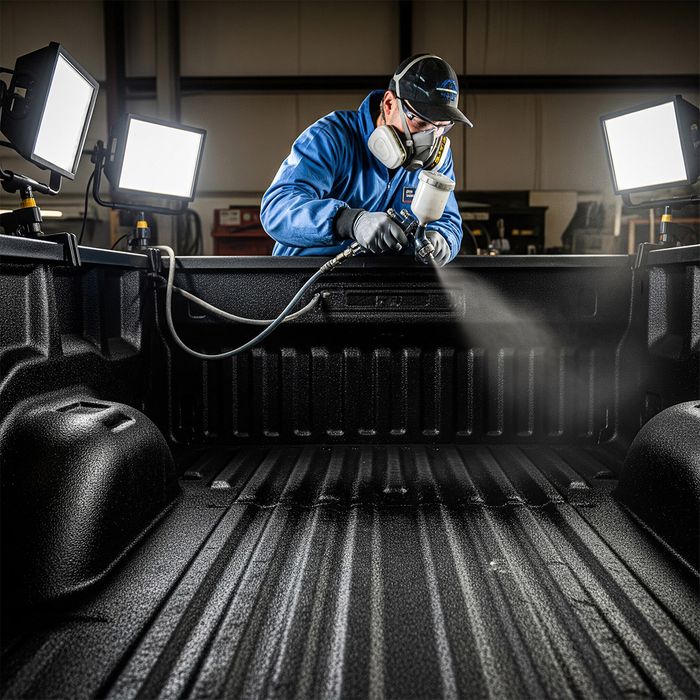A skilled technician, wearing protective gear, applies a spray-on coating to the interior of a truck bed. image2.jpg