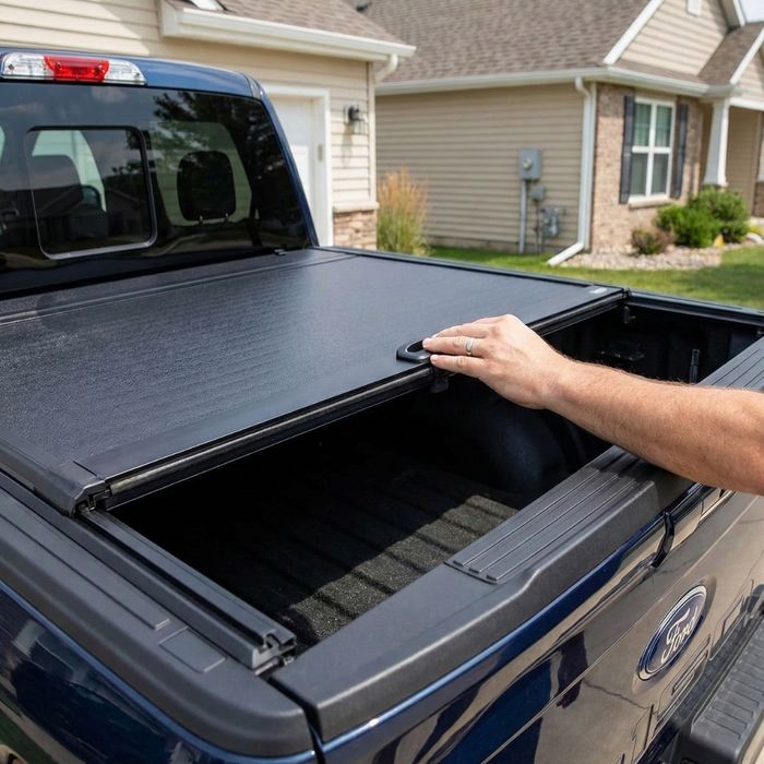 a person's hand sliding open a retractable tonneau cover on a truck bed