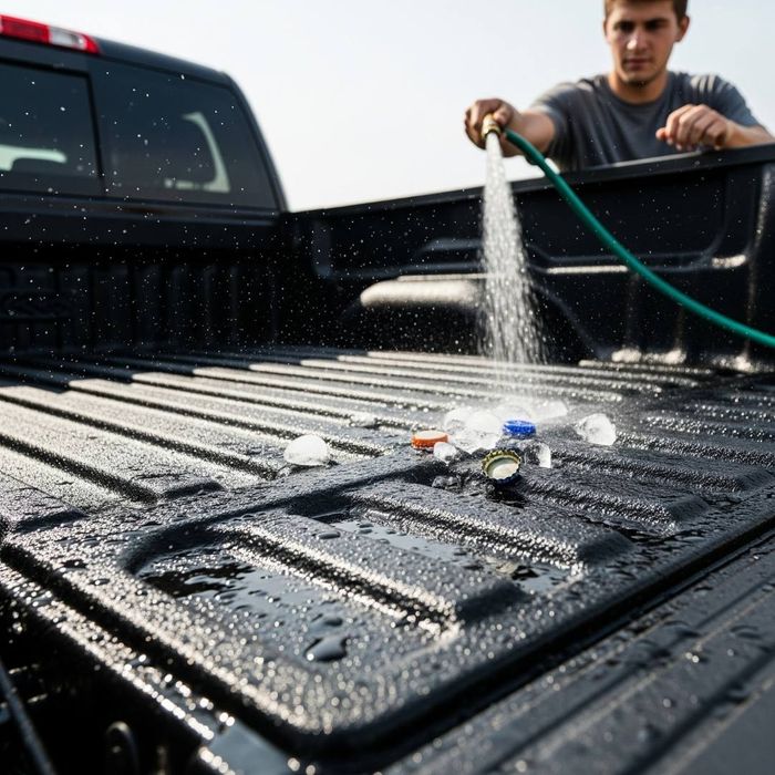 man cleaning out truck bedliner with hose man cleaning out truck bedliner with hose