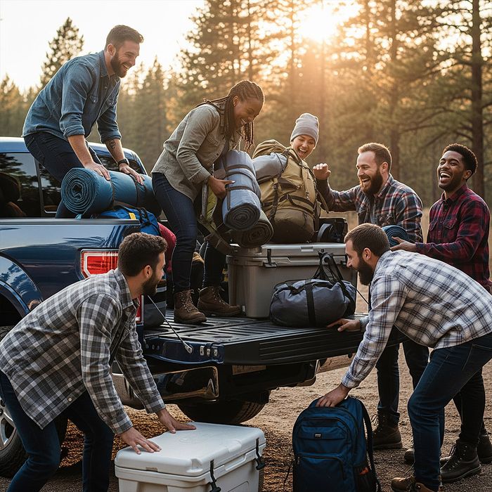 A diverse group of friends laugh while loading camping gear into a truck bed with a liner. image3.jpg