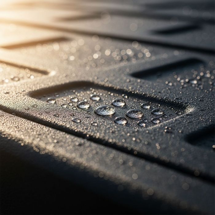 Water beading up on a black spray-on truck bed liner.
