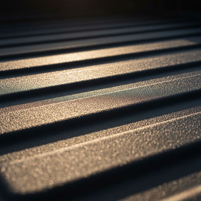 Close-up on a new black truck bed liner glistening in sunlight