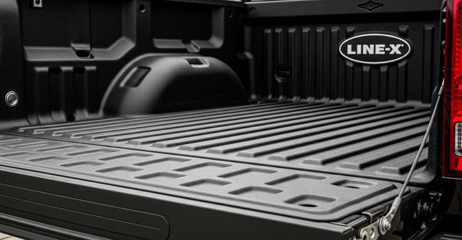 Close-up of a truck bed with a rugged, black LINE-X spray-on bedliner.