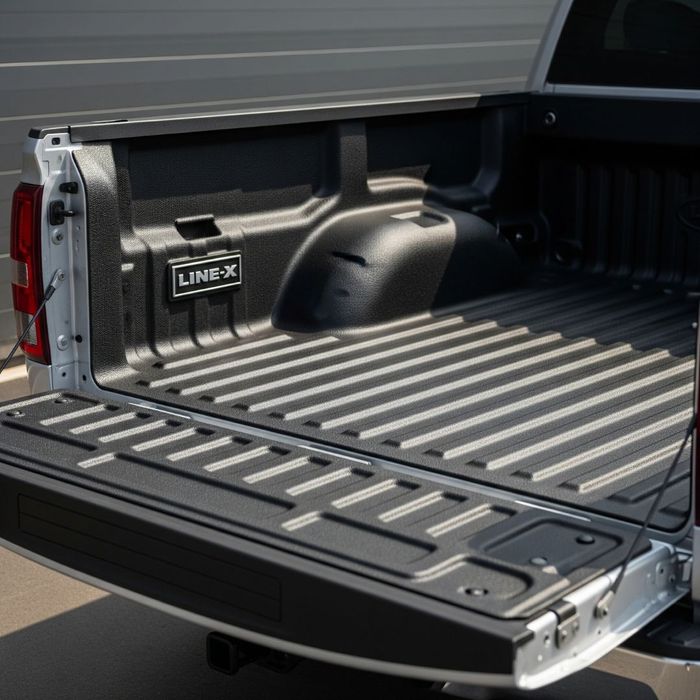 Truck bed featuring a LINE-X spray-on bedliner, emphasizing its rugged texture and durability.