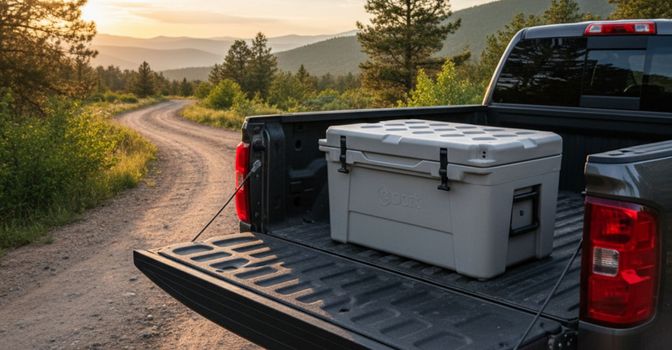 A rugged truck on a dirt road with a durable truck bed cooler in the back, ready for adventure.