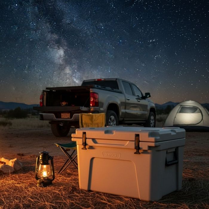 A truck cooler at a campsite under a starry night sky with a campfire, tent, and truck in the background.