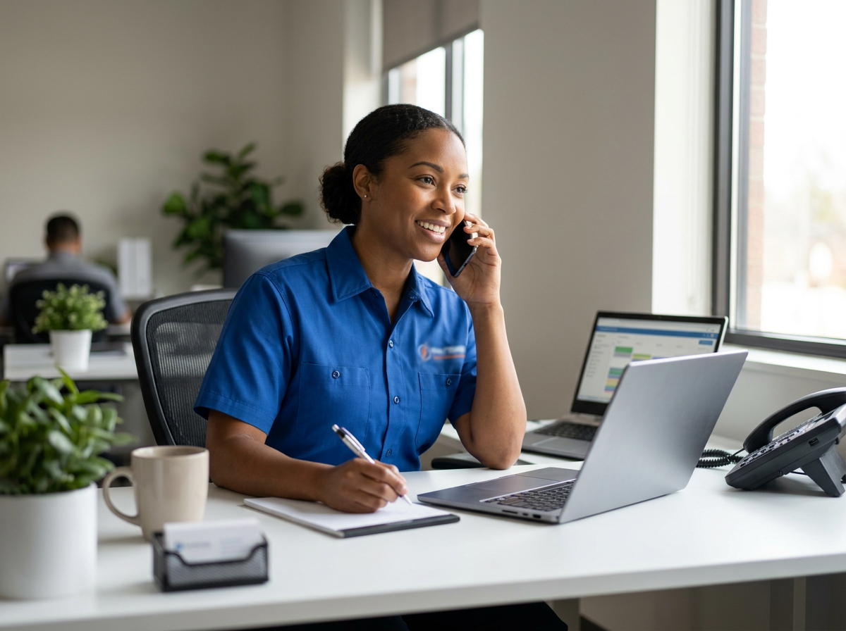 Smiling woman in blue uniform on phone and writing at office desk