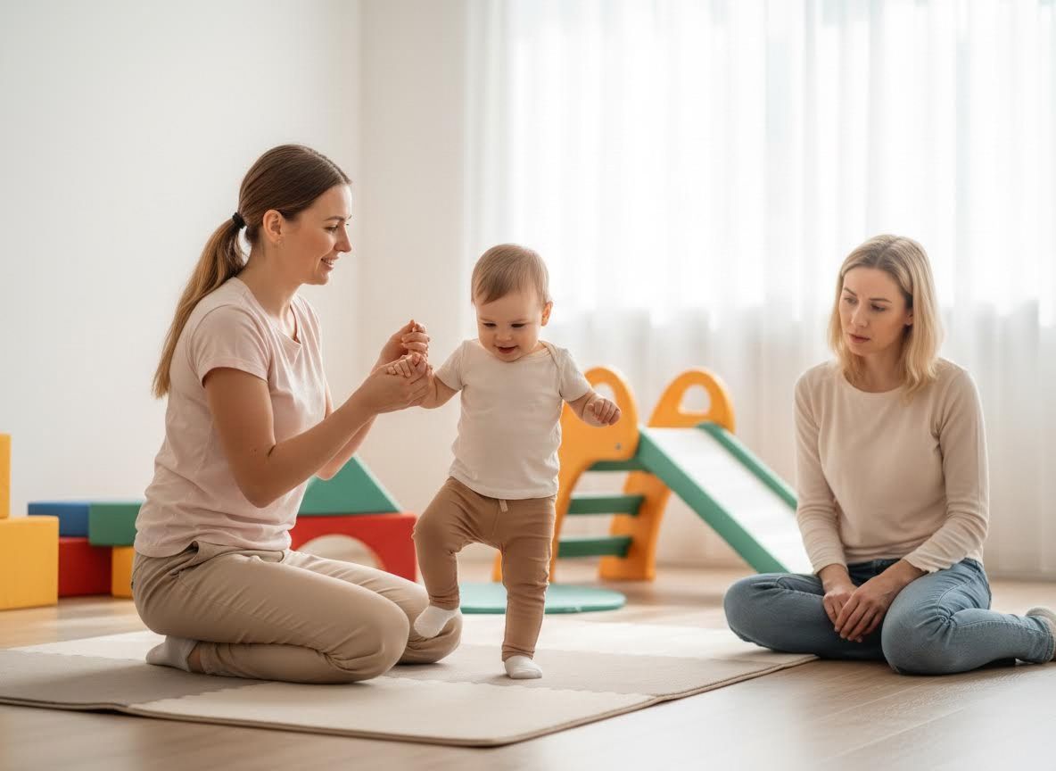 Baby taking first steps with support