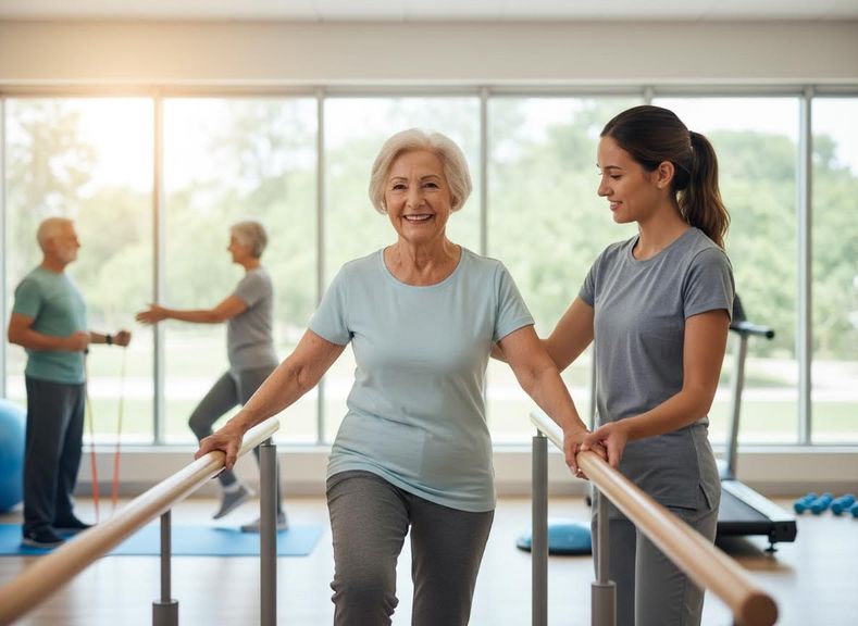 Senior Woman Doing Physical Therapy with Trainer