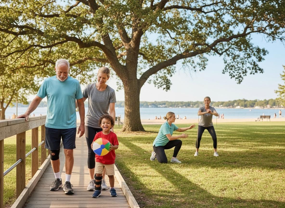 Family with mobility aids and trainer exercising outdoors
