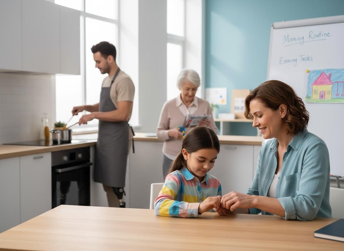 Multi-Generational Family Activities in a Modern Kitchen