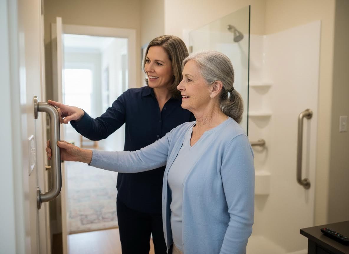 Caregiver assisting senior with bathroom grab bar