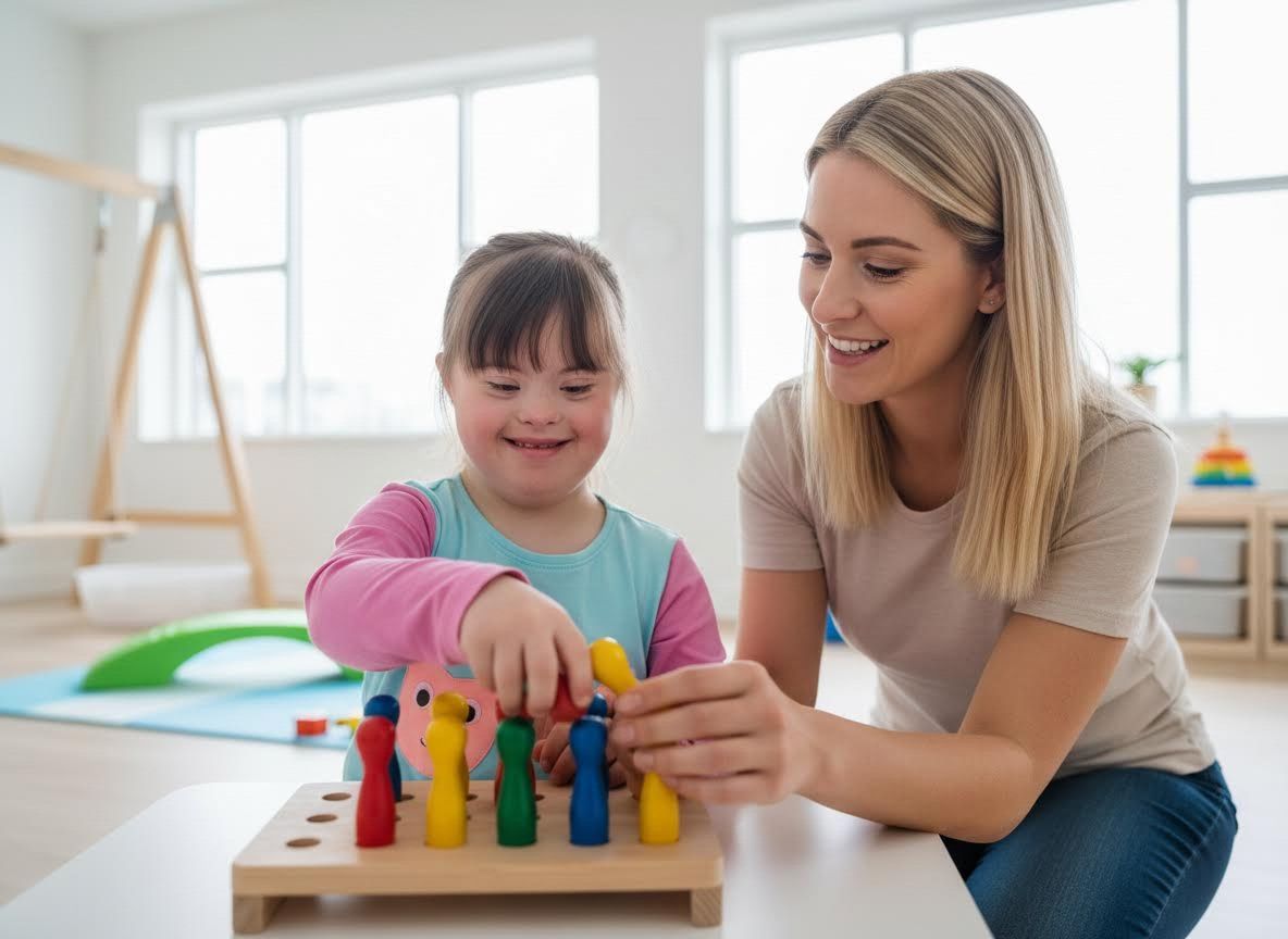 Girl with Down syndrome and therapist playing with colorful pegboard