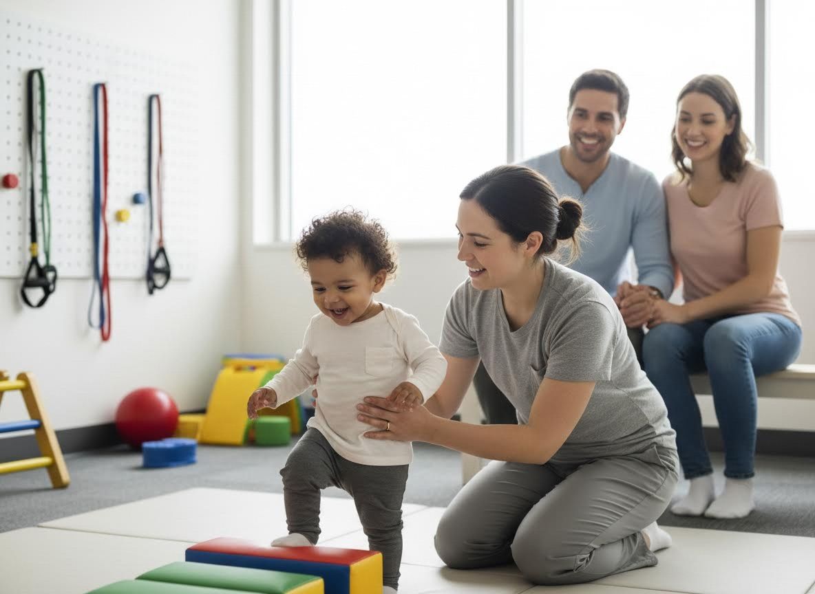 Toddler Learning to Walk with Therapist and Parents