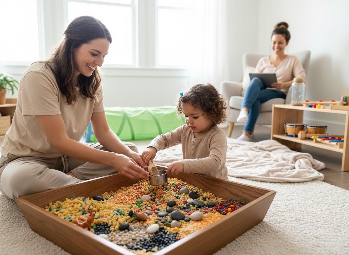 Mother and toddler playing with sensory bin