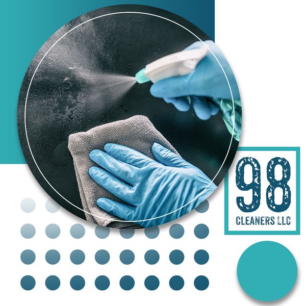 Image of hands wearing gloves, using spray bottle and wiping counter