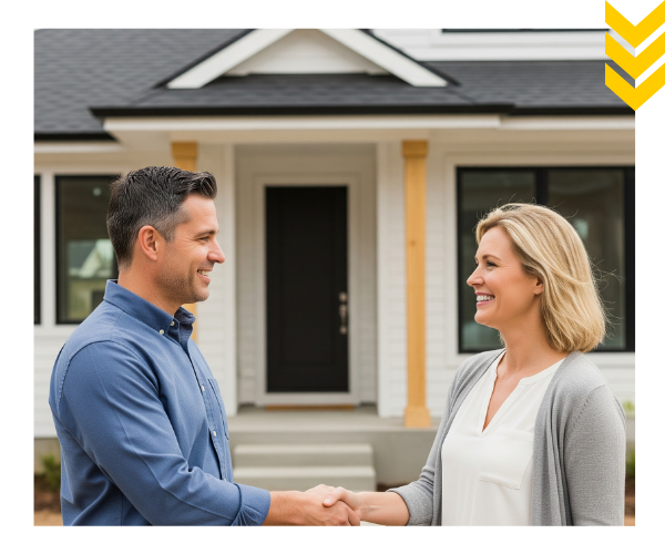 A general contractor shaking hands with a happy homeowner A general contractor shaking hands with a happy homeowner