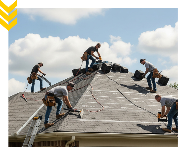 Professional roofers installing asphalt shingles on a residential roof Professional roofers installing asphalt shingles on a residential roof