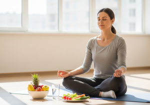 Woman Meditating with Healthy Snacks