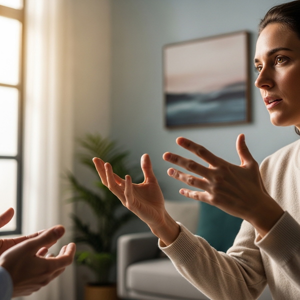 a productive therapy session in a well lit room. close up of a patient using hand gesture to explain their issues