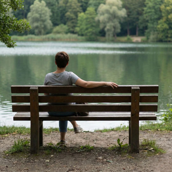 woman sitting on bench by calm lake
