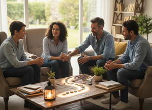 Four adults, two men and two women, sit in a bright living room, conversing and smiling. A coffee table with a stone path game and lantern is central. Group Discussion in a Living Room
