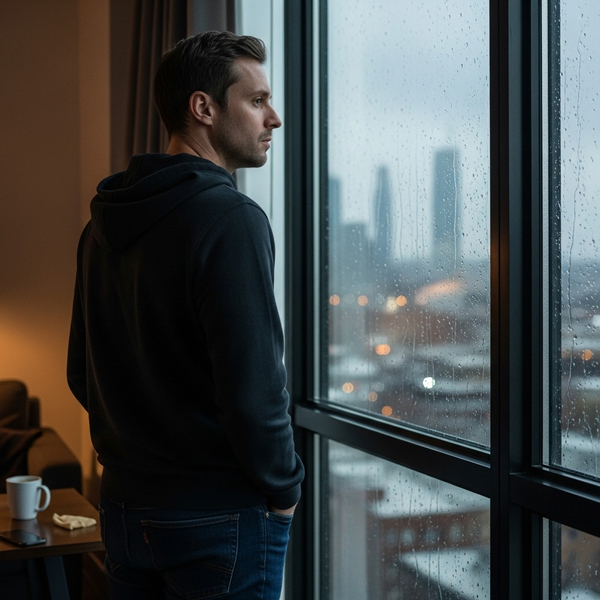 image of a man looking out the window clearly avoiding social interactions