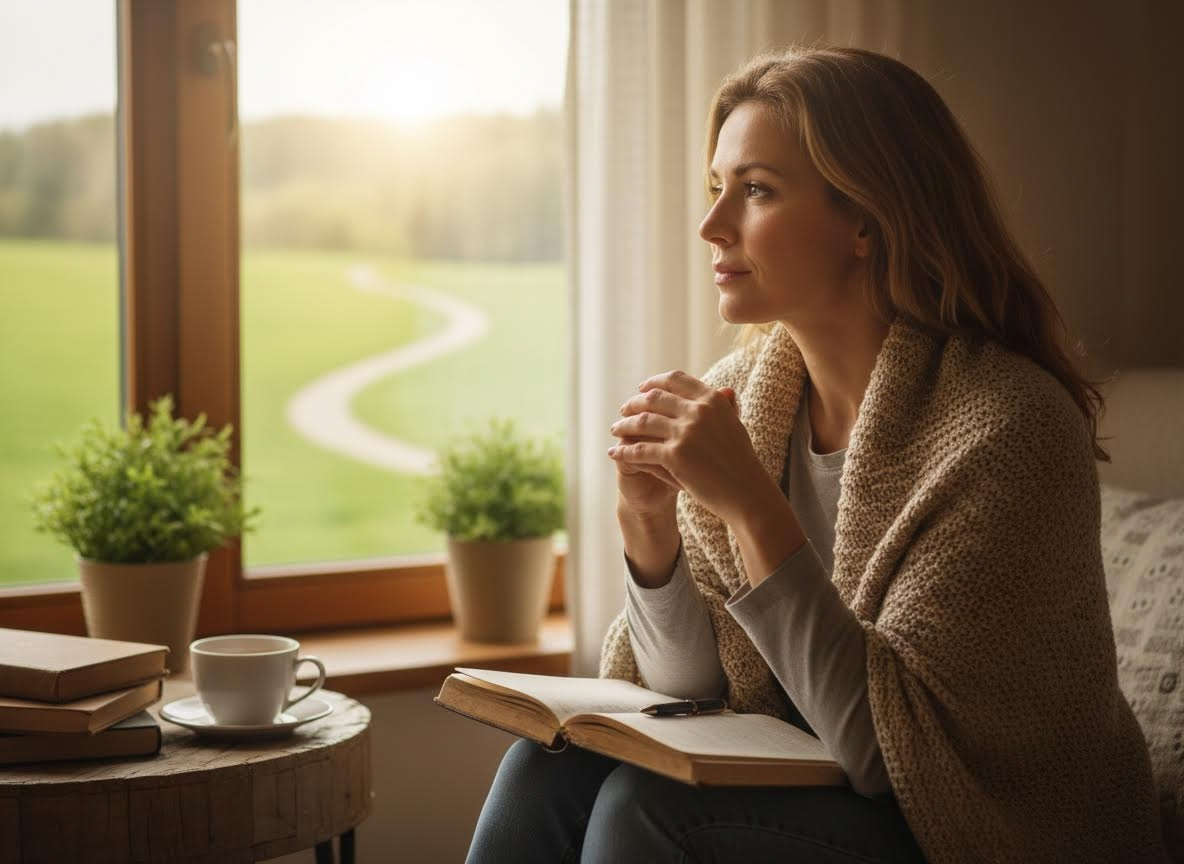 Woman looking out window with book and coffee