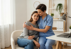A caring healthcare provider in blue scrubs gently embraces a patient seated in a chair, offering support and comfort in a bright, modern office setting. The scene conveys empathy and trust, highlighting the human aspect of healthcare. Compassionate Healthcare Provider Comforting Patient