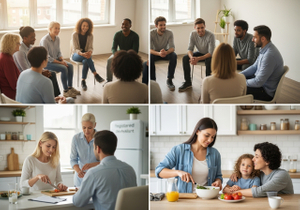 A collage depicting people connecting in diverse settings: support groups with people sitting in circles and engaging in conversation, and families in kitchens preparing food together, highlighting togetherness and relationships. Collage of people connecting
