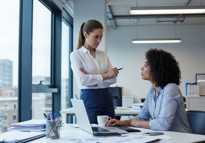 image of a middle class woman having mild disagreement with another person at work