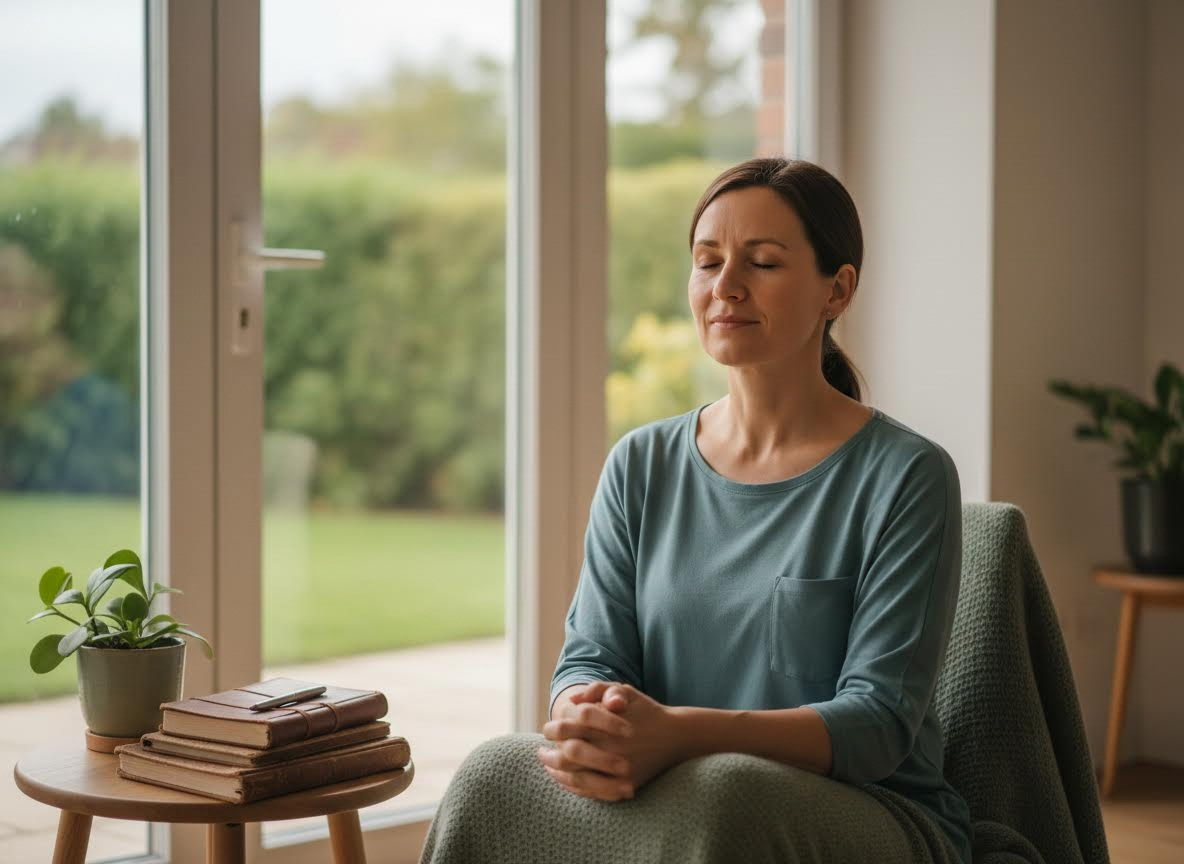 Woman meditating or relaxing at home by a window