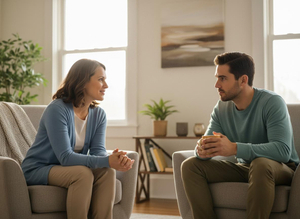 A woman and a man sit in armchairs, facing each other, and converse. The woman smiles while the man holds a mug in a sunlit room. Two people engaged in conversation in a bright room