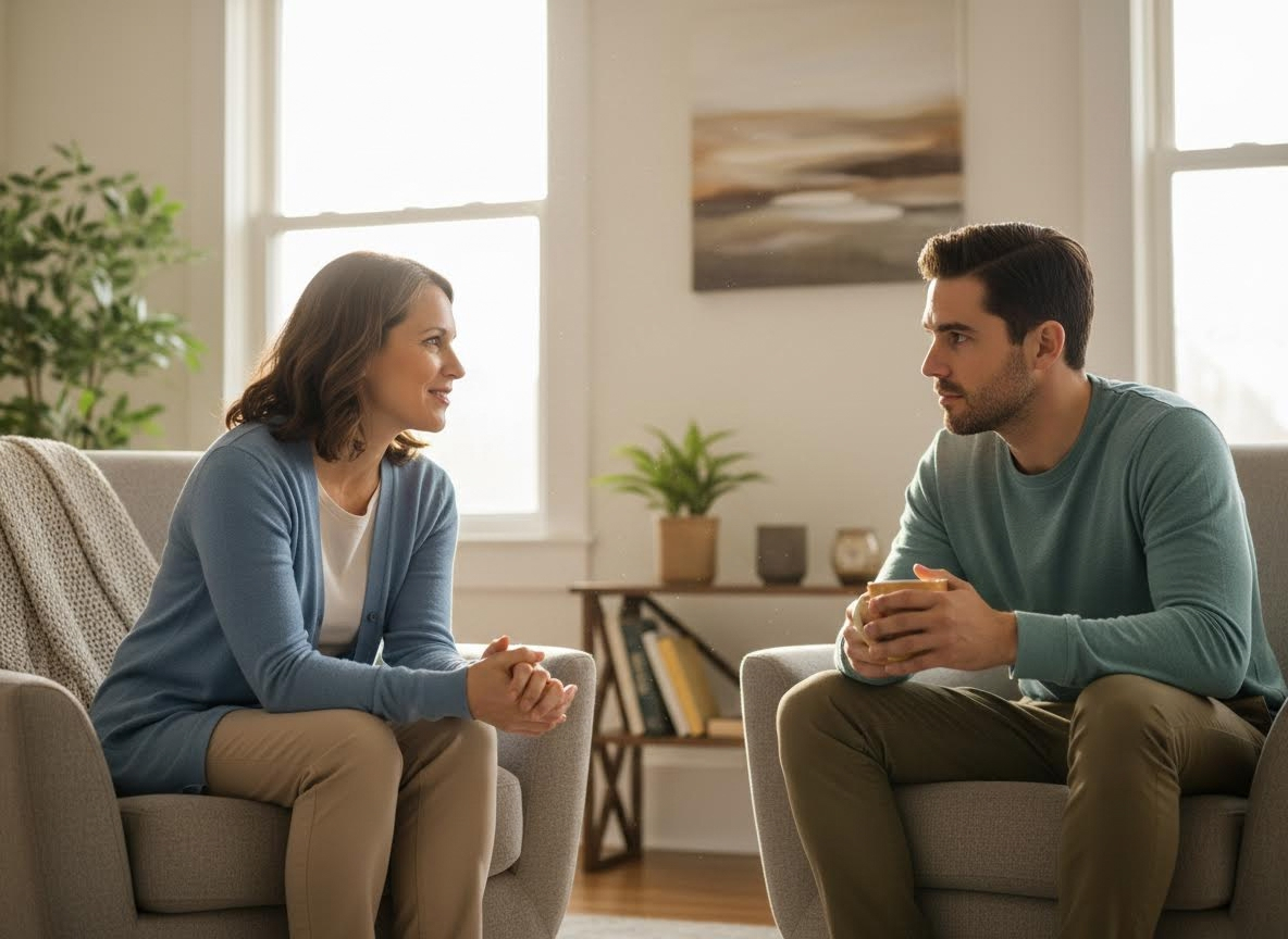 Two people engaged in conversation in a bright room