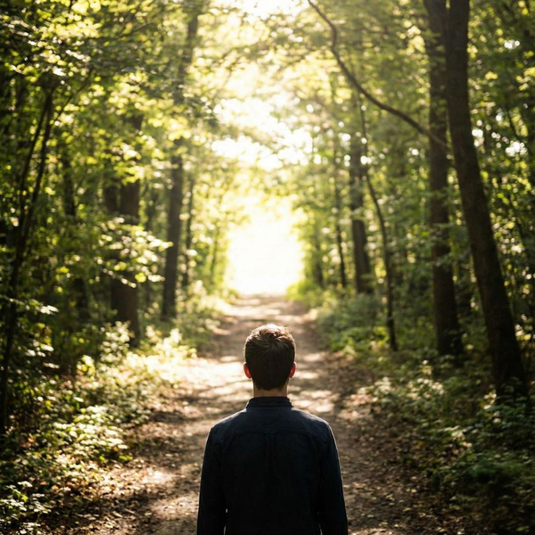 back of a man standing in the woods