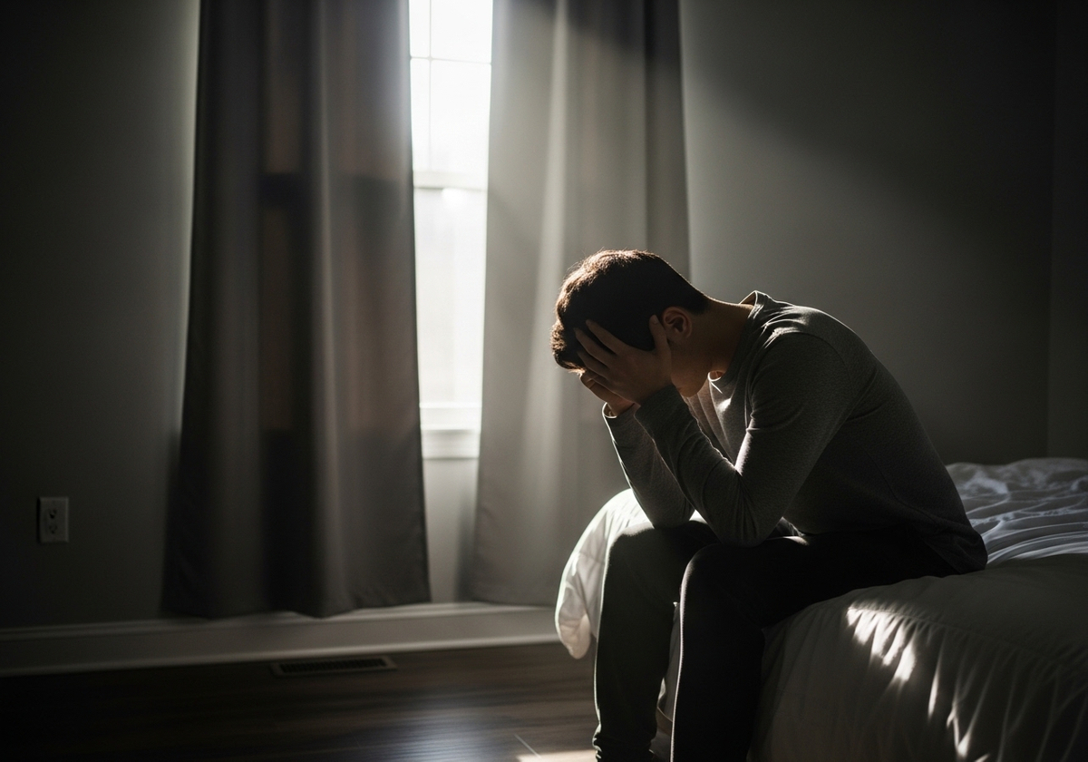 Man Sitting on Bed with Head in Hands