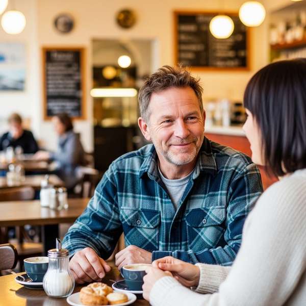 image of a middle class man who's not too handsome in a flannel shirt on a date with a woman at a cafe