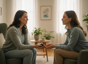 Smiling women sitting across from each other in a warm room, one gently handing a smooth, dark stone to the other, symbolizing connection. Connecting women sharing a smooth stone