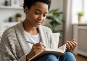 Woman writing in notebook at home