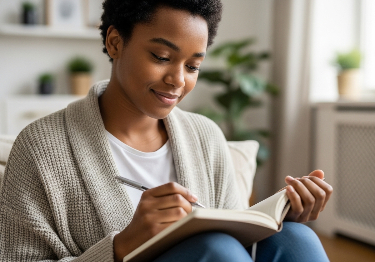 Woman writing in notebook at home